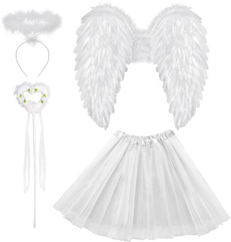 Engel Teufel Kostüm Damen Weiße, Tutu-Rock, Engel Flüge, Heiligenschein und Zauberstab, Engelsflügel Deko Kostüm, Halloween Kostüme Karneval Party Cosplay Erwachsenes