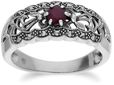 Bague en argent sterling 925 massif avec rubis rond et marcassite simple en filigrane Art nouveau (argent sterling, 8)
