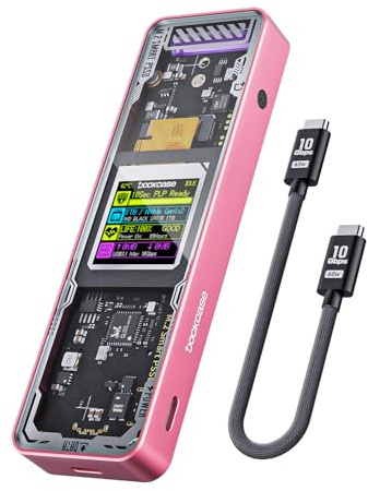 DOCKCASE Explorer Edition Smart M2 SSD Gehäuse - 10s Stromausfallschutz, NVMe Gehäuse, SSD-Gesundheitserkennung, Zwei Type-C-Anschlüsse USB-C 3.2 Gen 2 (10Gbps) für NVMe SSDs bis zu 4TB Rosa