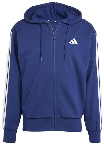 adidas herr Essential Three Stripes French Terry Fullzip Hoodie Sweatshirt, Dark Blue/White, L