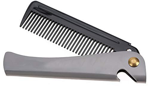 Taschenfaltbarer Bartkamm Edelstahl-Schnurrbartkamm mit Glatten Runden Zähnen für Männerpflege Werkzeug zur Bartpflege (Schwarzes Acetat + Edelstahlbeschichtung)