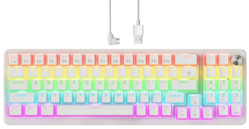 77 Touches Clavier Gaming Mécanique, Clavier QWERTY, Clavier de Gaming avec Switchs Rouges, Anti-Ghosting, 10 Effets de Rétro Éclairage, Compatible avec Mac et Windows OS, Français, Blanc