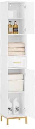SoBuy Badezimmerschrank Hochschrank Schmal Badschrank Hochschrank Badezimmer mit Schublade und Metallgriffen Schmaler Schrank für Kleine Bäder Weiß 30x170x30cm BZR181-W