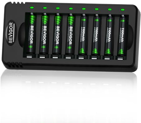 BEVIGOR AAA Rechargeable Batteries 8 Pcs 1100mAh with 8-slot AA AAA Battery Charger, 5V 2A Fast Charging Function,Type C Input for Ni-MH/Ni-CD Rechargeable Batteries