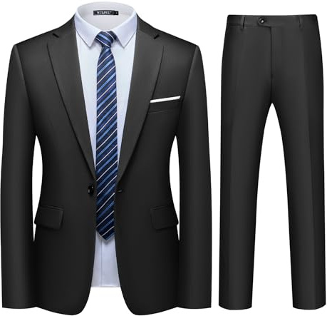 WULFUL Men's 2 Piece Slim Fit Suit Set One Button Blazer Jacket Pants Tuxedo Set for Party, Wedding and Business Black