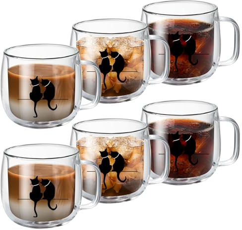 MESNEY Double Wall Glass Coffee Mugs, 300ml Glass Coffee Cup with Black Cat Design, Borosilicate Clear Mug Set of 6, Insulated, Heat-Resistant, Dishwasher Safe