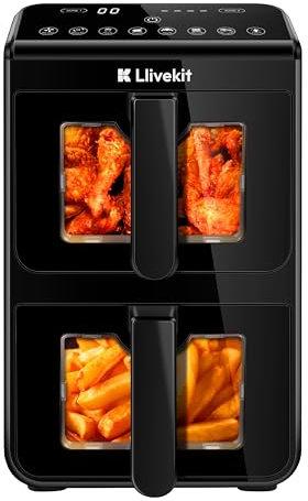 LLIVEKIT 10L Double Stack Heißluftfritteuse XXL, 9-in-1 Airfryer mit 2 vertikalen Schubladen & Sichtfenster, 90% weniger Öl, Smart Finish & Match Cook, 2460W, Aufwärmfunktion, Heißluft Fritteuse XXL