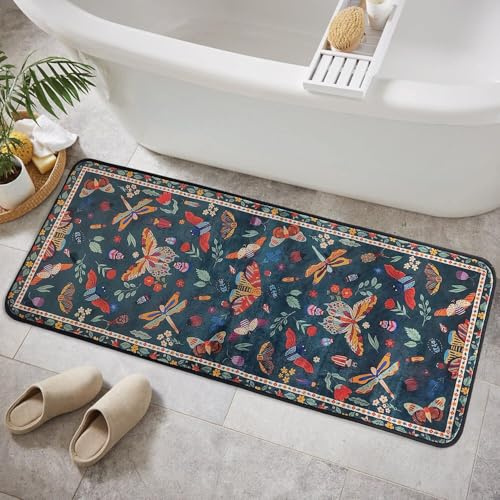 Boho Badematte 16 x 47cm Langer Rutschfester Abstrakter Badezimmerteppich Weicher Plüsch Waschbarer Badezimmerteppich Dekoration für Badezimmer (Schmetterlinge, 120 x 40 cm)