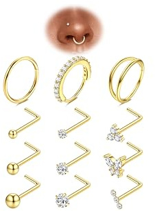 Adramata 12 stycken 20 g näspiercing plugg kirurgiskt stål piercing näsa allergivänlig CZ näsring, L-formad nässtav, nostril piercing för kvinnor män (guld/silver)