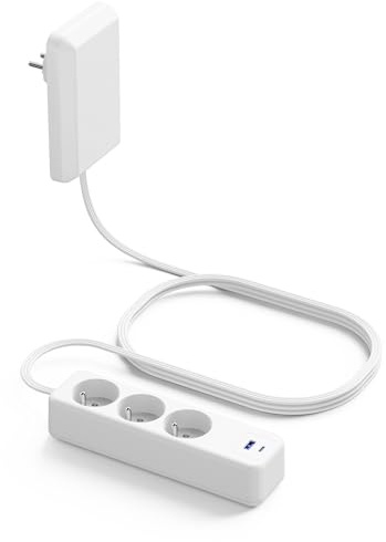 Multiprise Ultra-Fine avec 3 Prises au Format Français et 2 Ports USB (PD 20W + QC 18W), Câble Plat 1.5M avec Kit Cache-Câbles, Idéale pour Salon, Bureau, Cuisine ou Chambre, Blanche