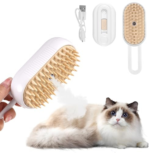 Katzenbürste mit Dampf, 3 In 1 Dampfbürste Katze, Wiederaufladbare Dampfkatzenbürste, Spray-Katzen DampfbüRste mit Griff, Massage Katzenbürste Dampf Adsorption von Schwebehaaren und Schmutz (Weiß)
