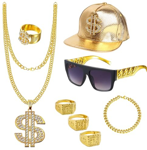 VEGCOO 8 Stück Zuhälter Kostüm Goldkette Fasching, 80er 90er Jahre Outfit Herren mit Dollar Kette/Goldarmband/Dollar Ring/Goldenes/Sonnenbrille/Hut für Hiphop Punk Fasching oder Parteien