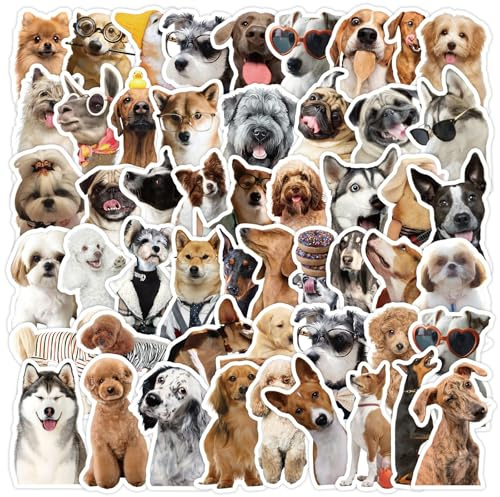ParPix 50 Stück Hunde Sticker Mädchen Jungen, Groß 6cm Cartoon Hund Aufkleber, Sticker Hunde Geburtstag Deko, Wasserfeste Aufkleber Hund Geburtstag, Hundesticker für Koffer Laptops Wasserflasche