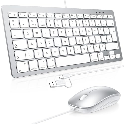 OMOTON Wired Mac Keyboard and Mouse, USB/USB-C, Office & Home | Dual Interface, Plug & Play for Apple Mac Pro/Mini, iMac, MacBook Pro/Air, QWERTY UK Layout,Comfortable Typing , Silver