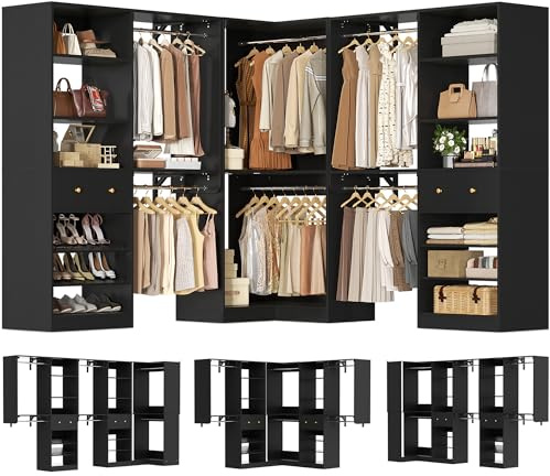 Armocity Closet System Set of 3 - Corner Closet Organizer System with 2 Drawers/16 Shelves/6 Hanging Rods, 151.1 L-Shaped Walk-In Wardrobe Organizer, 2800+ lbs Capacity, Black