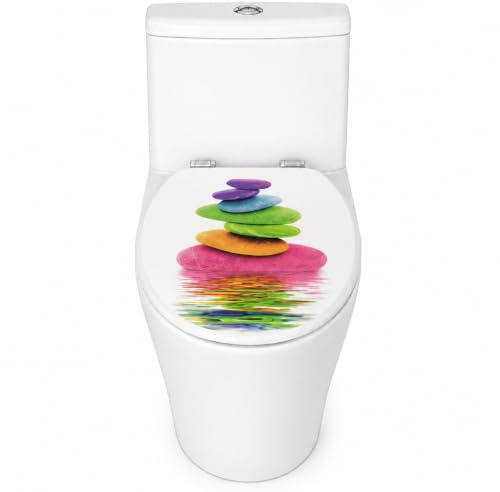 Sedile WC universale regolabile da 45,7 cm in MDF, adatto alla maggior parte dei WC ovali, standard in legno MDF, sedile WC + accessori (pietre colorate)
