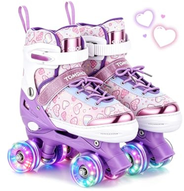TOMSHOO Roller Skates for Girls Kids | 4 Sizes Adjustable Quad Skates with 8 Light Up Wheels, Indoor &Outdoor, Ages 3-5 5-8 6-12, Birthday Gifts