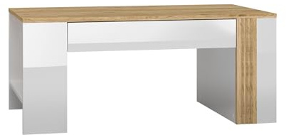 FURNLUX Adagio Coffee Table, Oak & High Gloss Pure White, 109 x 60 x 48 cm, with Drawer and Shelf, Living Room Table, MDF & Chipboard