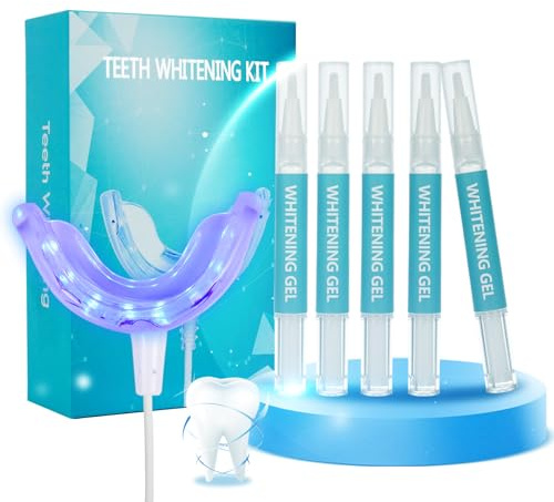 Shynova Set sbiancamento dei denti per sbiancamento dei denti – Kit sbiancante Teeth con luce LED per sbiancamento dei denti e 5 penne gel sbiancanti – Efficace denti bianchi e pulizia dei denti a