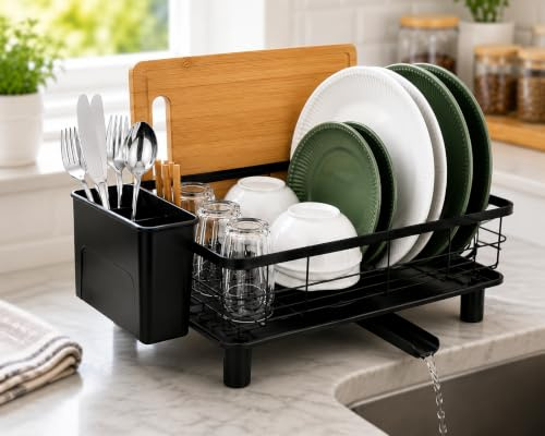 ToughHub Dish Drainer Rack for Kitchen Counter & Sink – Space Saving Drainboard Rack, Black Anti-Rust Metal Dish Drying Rack with Drip Tray, 360° Rotating Drain Spout & Cutlery Holder