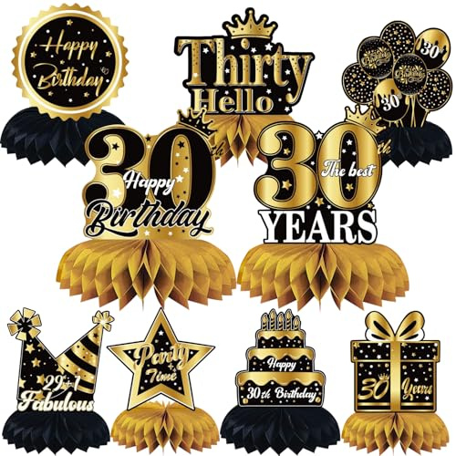 30 Geburtstag Tischdeko Schwarz Gold 9er Set Bienenwaben Deko Tischaufsätze | Happy Birthday Party Tischdekoration für Männer & Frauen, 30 Jahre Geburtstag Deko Set