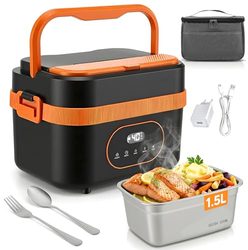 Eirolace Fiambrera eléctrica inalámbrica con Cubiertos y Bolsa, Recargable por USB, Fiambrera a Prueba de Fugas con batería de 18000 mAh, 1,5 L, Cuenco Calefactor para Viajes, Oficina, Picnic