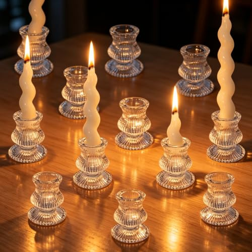 Kerzenständer für Stabkerzen,12er Set Klein Stabkerzenhalter,Teelichthalter für Outdoor Hochzeit,Klar Kerzenständer Stabkerzen Deko Glass für Abendessen,Festival,Geburtstag,Heimdekoration,Hochzeit