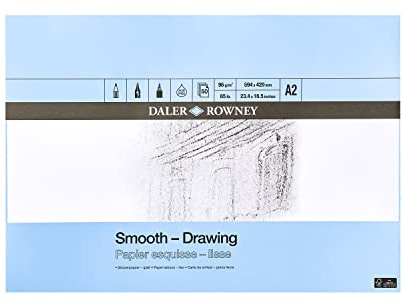 Daler Rowney Bloc de papel de dibujo liso de 96 g/m², A2, pegado en 1 lado, sin ácidos, 50 hojas blancas naturales, ideal para artistas profesionales y estudiantes