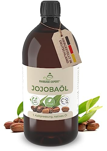 MASSAGE-EXPERT Bio Jojobaöl kaltgepresst – für Massage, Babymassage, Hautpflege und Haarpflege (1 Liter rePET-Flasche mit Spritzeinsatz)