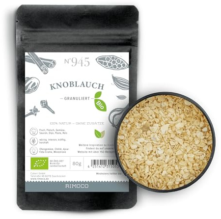 Rimoco N°945 Bio Knoblauch Granulat - Knoblauch Flocken getrocknet und granuliert | herzhaft, würzig & intensives Aroma | in Kraftpapier Zip Frische-Beutel | Inhalt: 80g