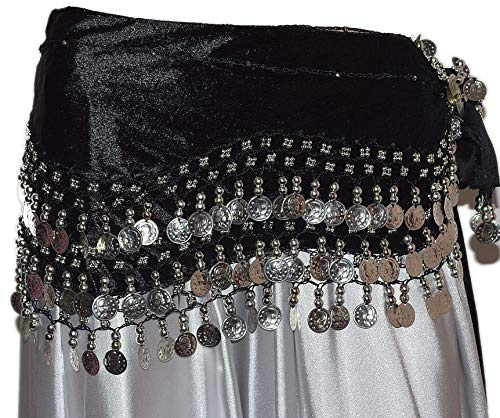 Tanzbekleidung & Accessories BAUCHTANZ MÜNZGÜRTEL HÜFTTUCH BELLY DANCE BAUCHTANZGÜRTEL HIP SCARF KARNEVAL XXL (XXL: 215 cm, Schwarz-Silber)