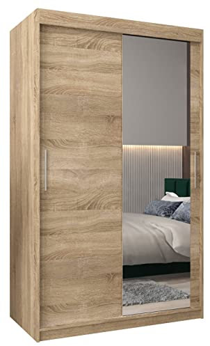 MEBLE KRYSPOL Kleiderschrank mit Spiegel Tokyo 2 - Garderobenschrank - Schrank Schlafzimmer - Mehrzweckschrank Zwei Schiebetüren - Regalen - Flur Möbel - Kleiderstange Schrank - Allzweckschrank