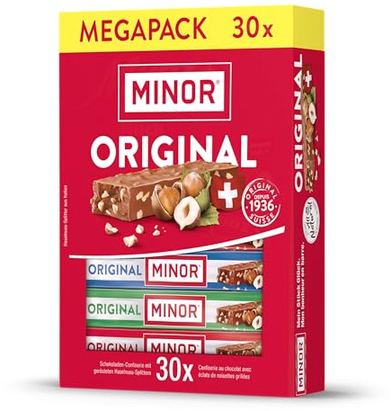 Minor Original Stengel Schweizer Schokolade 30 Schokoladenriegel á 22g 660g | hoher Haselnussanteil, glutenfrei, Thekendisplay Nougat Gianduja Milchschokolade Palmfett, Schokoriegel