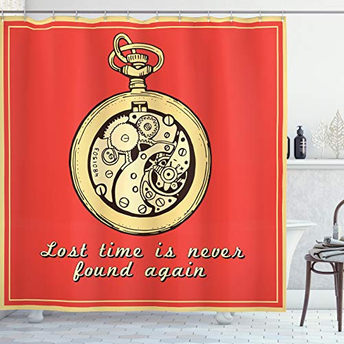 ABAKUHAUS Zitat Duschvorhang, Zu Sagen, About Time Jahrgang, Stoffliches Gewebe Badezimmerdekorationsset mit Haken, 175 x 180 cm, Hellgelb Dunkle Koralle