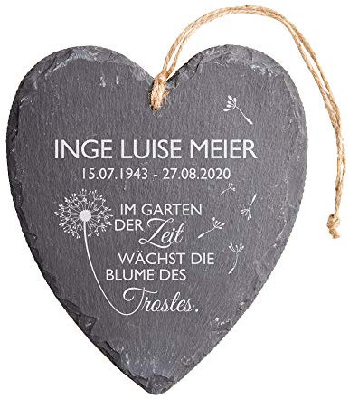 Casa Vivente Pizarra con corazón grabado para tumba, placa con inscripción personalizada con nombre y fecha, flor de consolación, corazón de luto, placa de puerta con cinta de yute, decoración