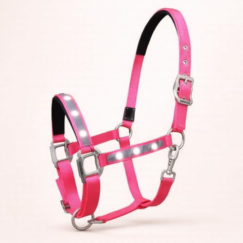 Reinecke Equestrian Premium Leuchthalfter Reflexhalfter Sicherheitshalfter Stallhalfter Weidehalfter LED-Nylonhalfter Starlight (Cob, pink/Silber)