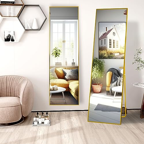 FANYUSHOW Ganzkörperspiegel 150x40cm mit Gold (Farbe) Metallrahmen Standspiegel HD Groß Wandspiegel mit Haken für Wohn-, Schlaf- und Ankleidezimmer Spiegel