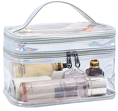 FIYUK Transparente Kosmetiktasche Dual Layer Reise Kulturbeutel Make up Organizer Wasserdicht Pinsel Halter