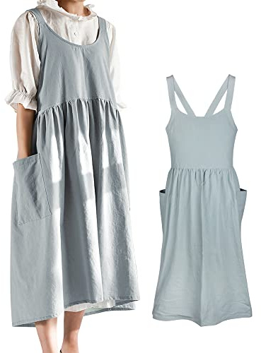 Small snail Enfärgad Förkläde av Bomullslinne Med Stora Fickor Japansk Stil Cross Bandage Halter Pinafore Retro Literature Art Baggy Bib Förkläden Kvinnor för Matlagning Trädgårdsskötsel Grön