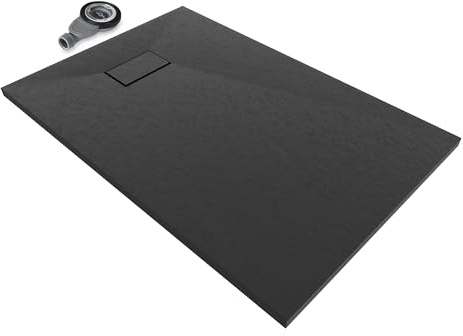 Moments of Glass SMC BOREAL Duschwanne 120x70 cm – extra flache Duschtasse (26 mm), rutschfest & robust, Schieferoptik, inkl. Ablaufgarnitur mit Deckel, Schwarz