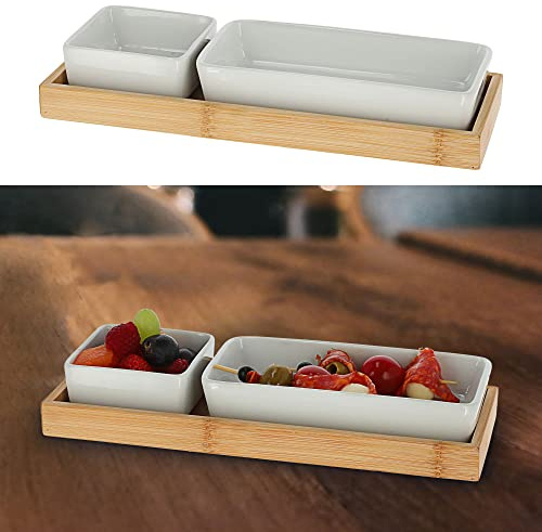 Cepewa Servierset 3tlg. Tablett 2 Schalen | Bambus Porzellan 25x10,5x4,5cm | Schüssel Snackschale Servierschale