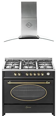 GURARI Gas Standherd, Herdset GCH E 914 BL r + GCH T 465 IS 90 BL Prime, Retro Backofenset 90 cm, Range Coocker 121 L, Schwarz + Dunstabzugshaube, Wandhaube 90 cm, Edelstahl mit Glas, Abluft/Umluft