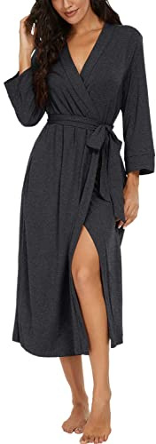 PrinStory Damen Bademantel Lang Leichter Frauen Morgenmantel V-Ausschnitt Kimono Robe Gestrickt Lässig Morgenrock (Dunkelgrau, XL)