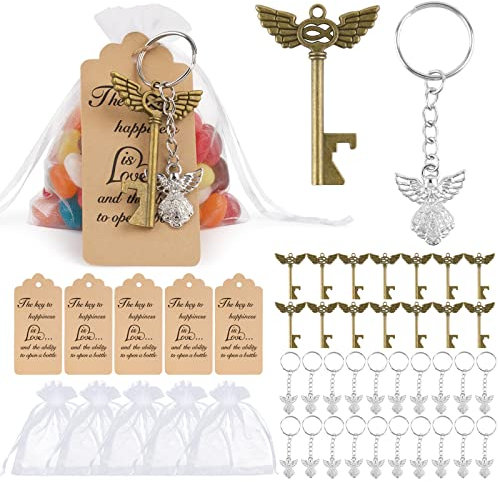 BOFUNX 40pcs Sacchetti Bomboniere Matrimonio con Chiave Apribottiglie e Portachiavi Angelo Bomboniere Sacchetti Portaconfetti per Battesimo Nascita Comunione Cresima Compleanno