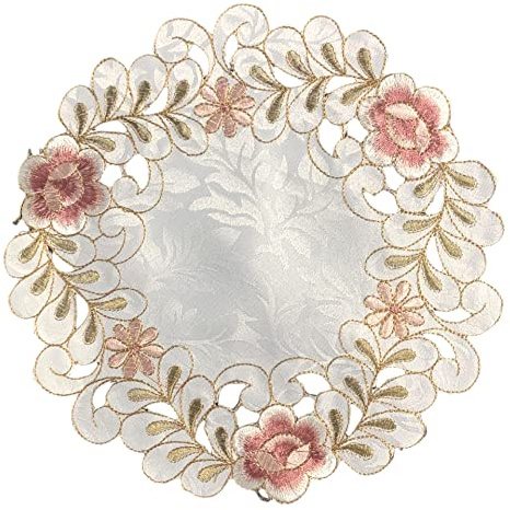 Wambere 4 Stück Blumenstickerei Tisch Tischset,Durchbrochener Stoff Untersetzer Runden Blumen-Form Matte Tischset Platzsets Deckchen Cup Coasters für Esszimmer Küche Bankett Hochzeit Deko 25cm,Rosa