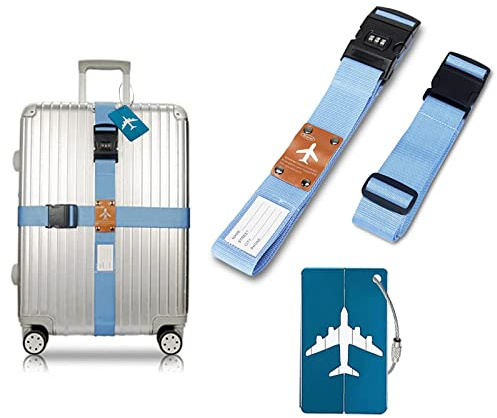 Eowppue Sangle De Bagage Sangle Valise Étiquette Bagage Sangles à Bagage Réglables avec Serrure à Code Accessoire De Voyage Antidérapant for Aux Bagages De 20 à 32 Pouces（Bleu Ciel）