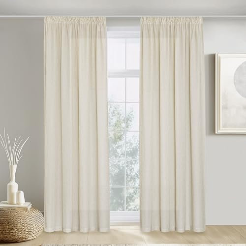 PONY DANCE Leinenvorhang Kräuselband Wohnzimmer Vorhänge Boho 2er Set H 245 x B 140 cm Leinen Gardinen für Schienensystem Leinenoptik Vorhänge Halbtransparent Linen Curtains Living Room, Beige