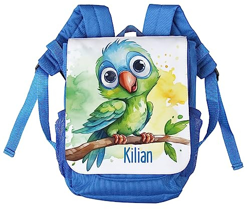 Striefchen® personalisierter Kinderrucksack mit niedlichen Tiermotiven in Aquacolor Optik Papagei, Blau