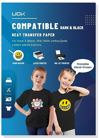 UIOK Bügelfolie zum Bedrucken, Transferpapier zum Aufbügeln A4X15 Blatt Transferpapier Bügelfolie für Dunkle Textilien,T-Shirt Folie zum Aufbügeln für Handbemalt Tintenstrahldrucker & Laserdrucker