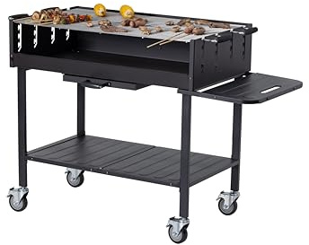 METRO Professional Barbacoa de Carbón con Ruedas, Acero/Acero inoxidable, Rejillas Ajustables, Mesa lateral, Funda Protectora, Negro